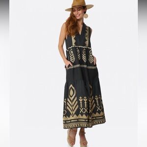 Greek Archaic Kori Maxi Dress - dark green and gold leaf embroidery